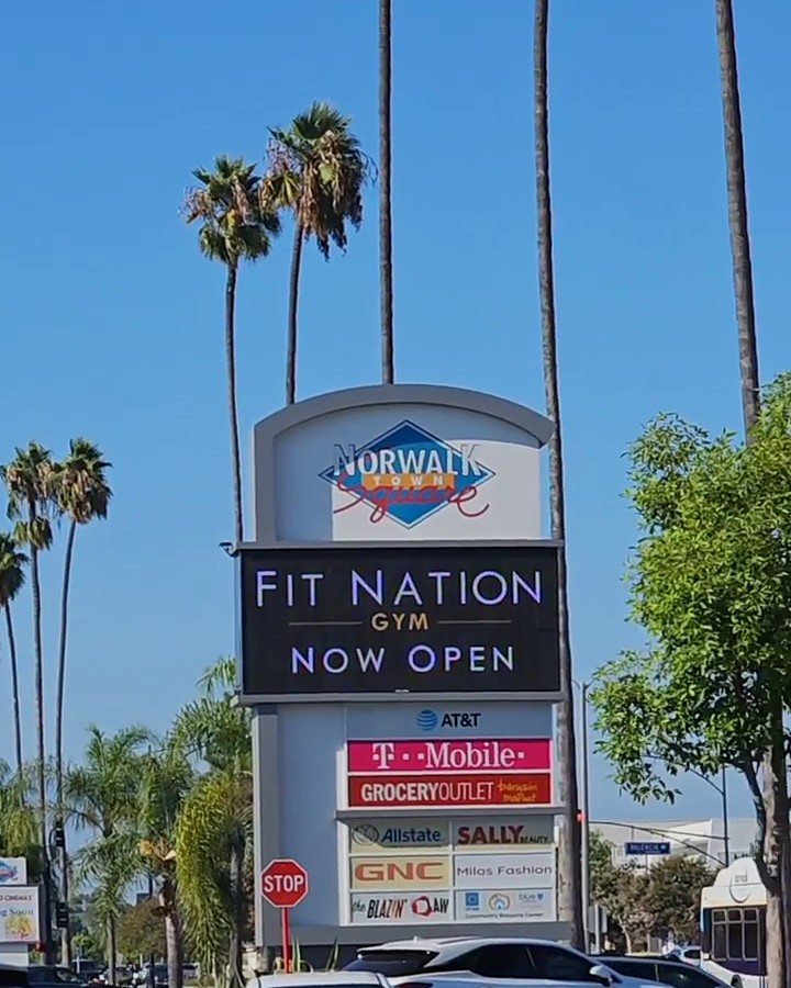Norwalk Town Square sign reading Fit Nation Gym Now Open